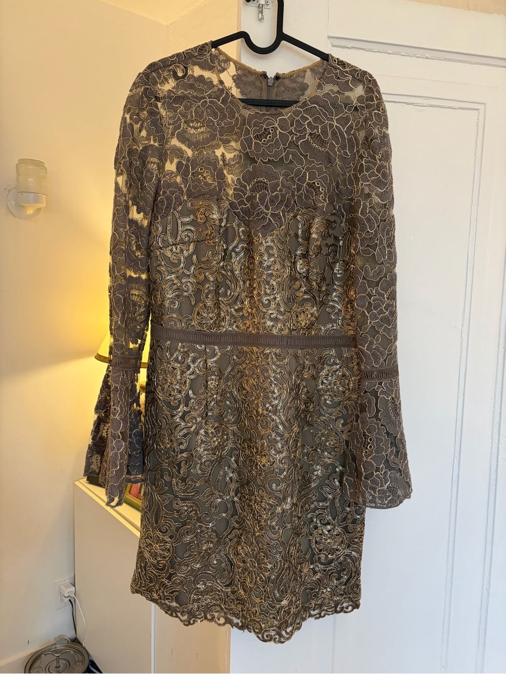 Tadashi Shoji Taupe Lace Dress with Gold Metallic Embroidery